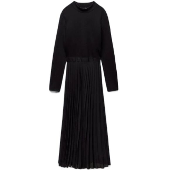 Zara Mock Turtleneck Long Sleeve Contrast Rib Knit Pleated Black Maxi Dress XS - Picture 1 of 11